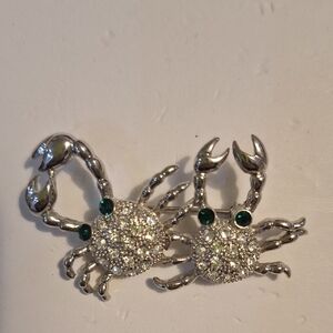 Silver Crab Brooch with Green Accents